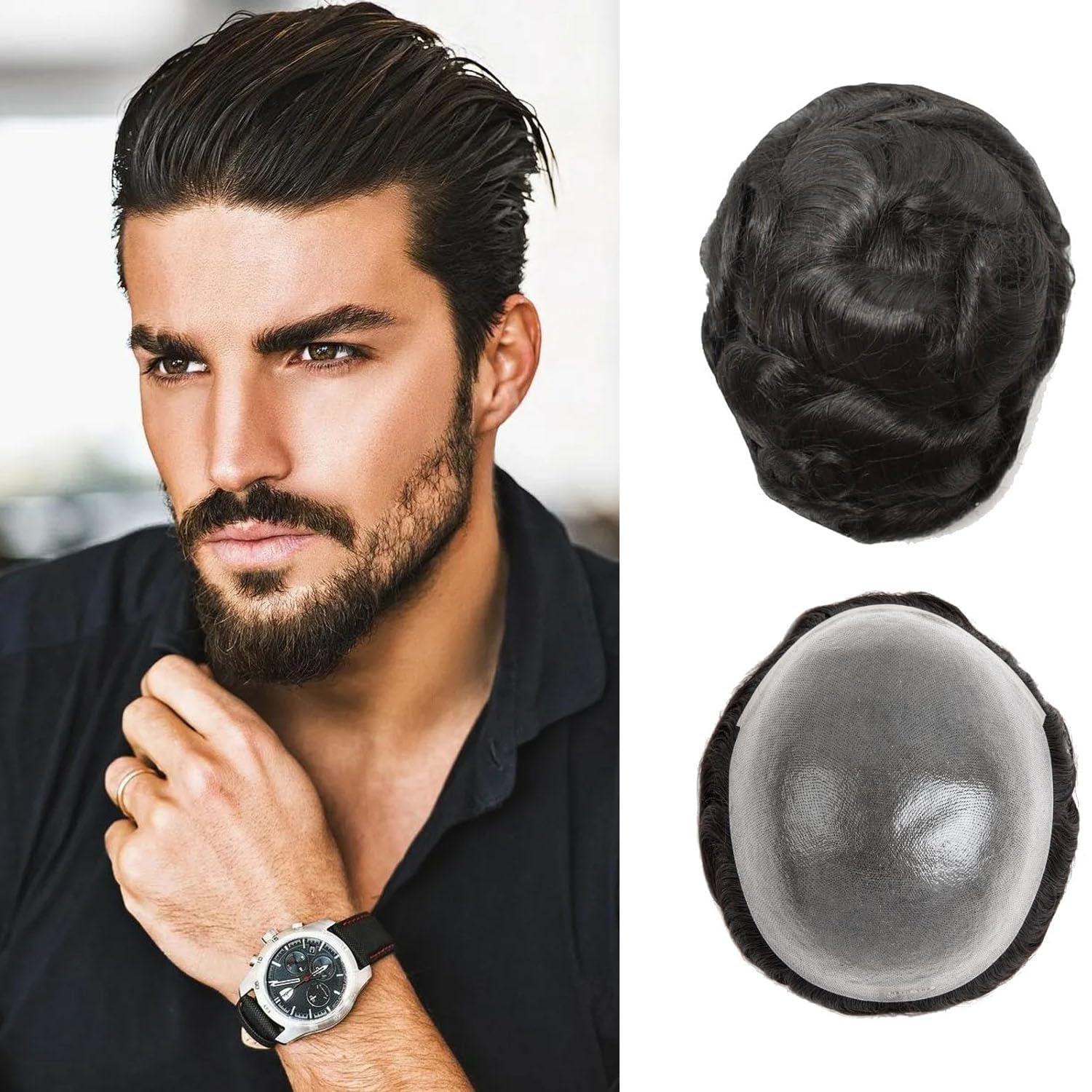 Toupee For Men 0.1mm Poly Skin Human Hair System For Men Men'S Toupee V-Loop Knots Durable Pu Toupee Human Hair Mens Wig Base Size 8X10 Inch 120% Density （#1B）