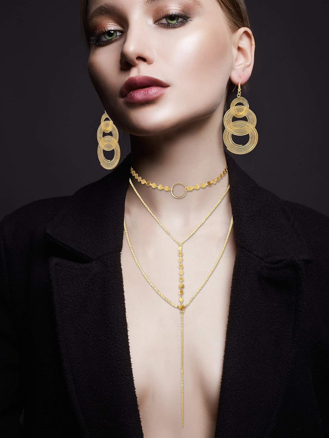 70s Disco Set Rimless Diamond Cutting Sunglasses Wire Metal Coil Bracelets Layered Choker Necklace Gold Triple Swirl Disco Earrings: Jewelry