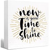 Inspirational Wood Box Sign Now is Your Time to Shine Wooden Block Sign Motivational Desk Décor for Home Office Cubicle Table Décor, Cheer Up Gifts for Friend Coworker Employee