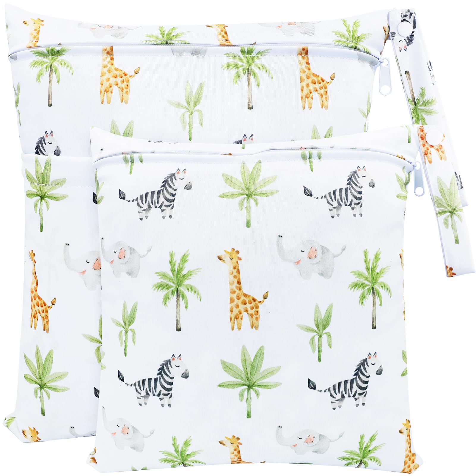 FenFang Wet Bag, 2 PCS Wet Dry Bags for Cloth Diapers Nappy Daycare Organiser Storage Bags, Waterproof Washable Reusable Zipper Bag (White Jungle)