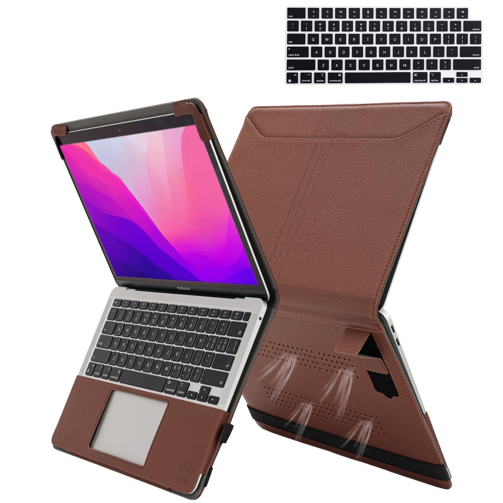 TYTX PU Leather Case Compatible with MacBook Pro 14 inch 2024-2021 Release M3 A2918 A2992 M2 A2779 M1 A2442 Pro Max Chip with Heat-Vent and Stand Function, Laptop Sleeve with Keyboard Cover, Brown