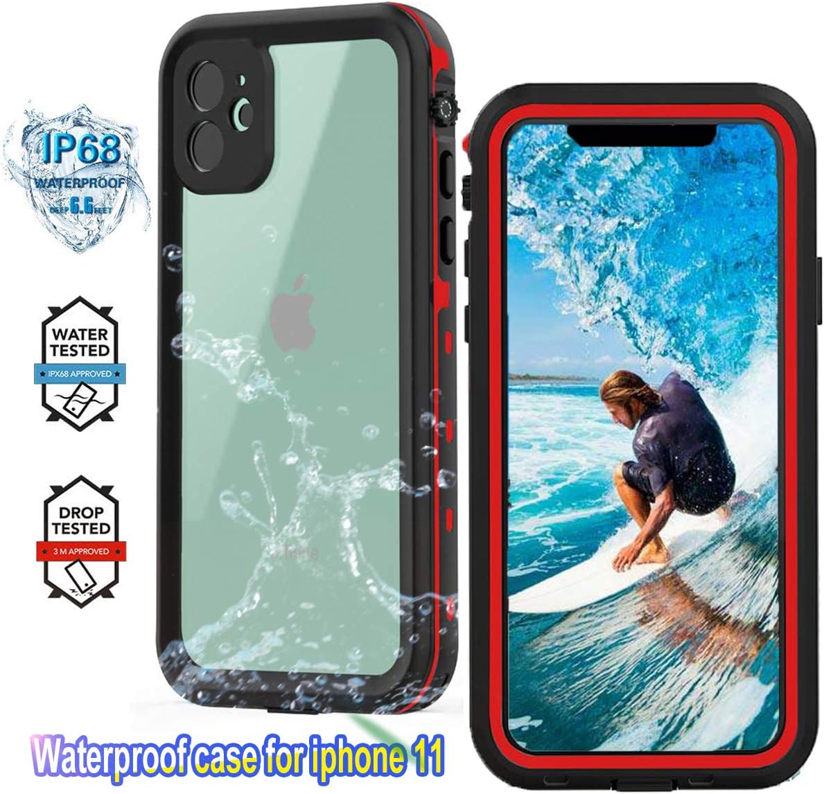 YOGRE for iPhone 11 Waterproof Case, IP68 Heavy Duty Shockproof Snowproof Dirtproof Cover Case, Full-Body Rugged Clear Case with Built-in Screen Protector for iPhone 11 (6.1 Inch, Red&Clear)