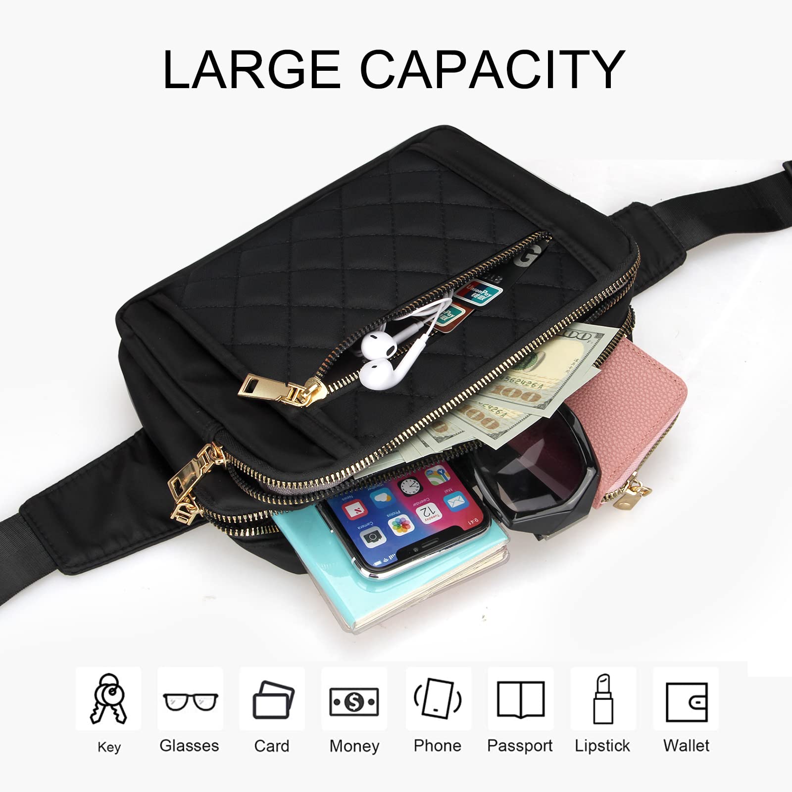 Cute Large Black Fanny Packs for Women Cross Body Waist Bag Nylon Fashionable Fanny Pack Designer Workout Hiking Waist Pack Running Travel Gym Pretty Zipper Fashion Quilted Womens Fanny Pack