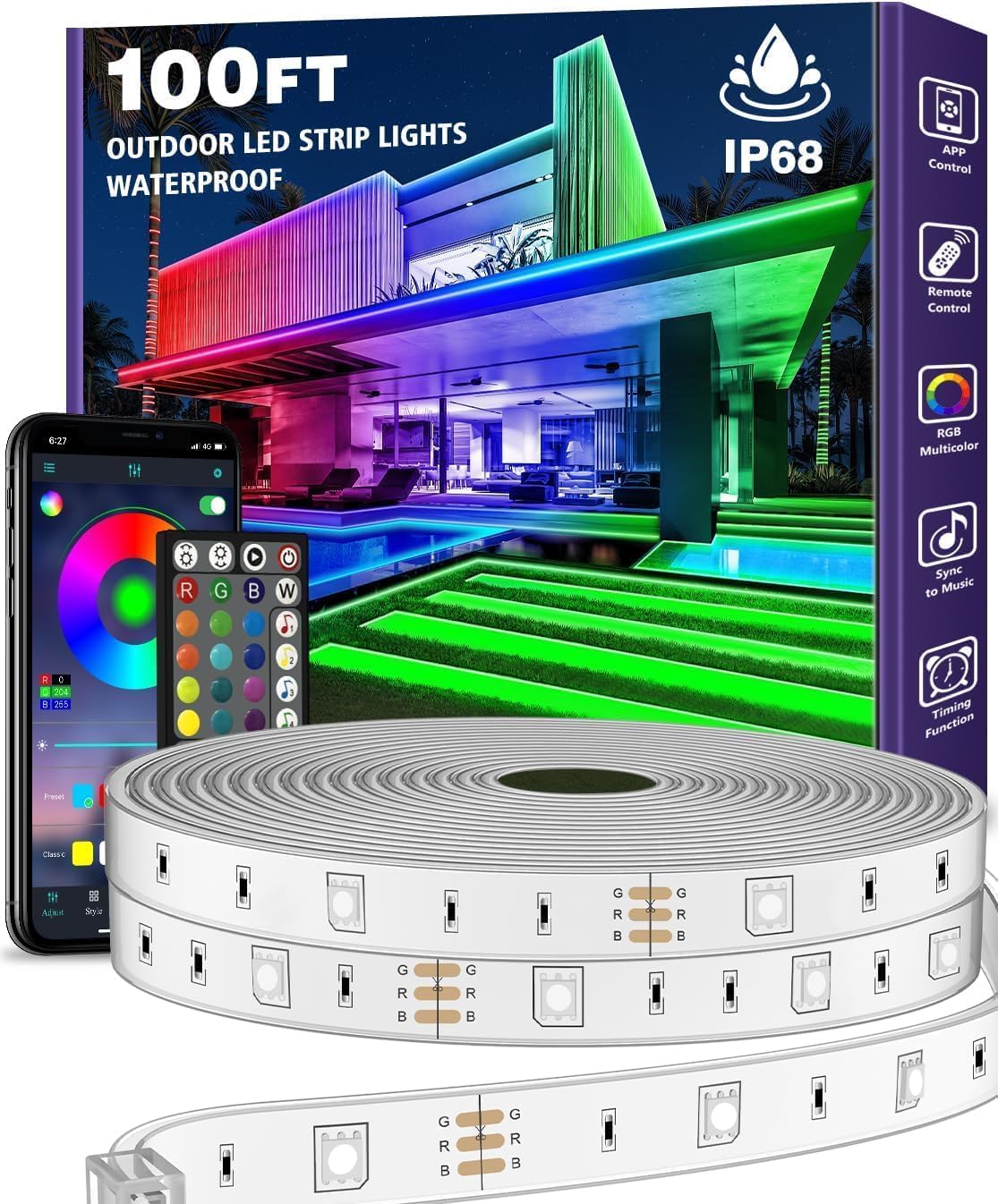 AILBTON 30M Outdoor LED Strip Light Waterproof ip68,Exterior RGB LED Tape Light with App/Remote Control for Music Sync,Balcony,Deck,Rooftop,Eave,Garden,Pool