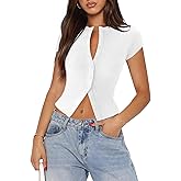 Pungdra Women's Button Down Shirt Cap Sleeve Tops for Women Button Up Ribbed Knit Slim Fit Casual Y2K Crop Going Out Top