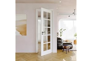 JUJUBON 28"x80" CARB P2 Solid Core & Pre-Finished Thick SGCC Clear Glass Doors, Interior Door for Home,10 Lite Glass Swing Shaker w/o Prehung Jamb, Single French Door Slab for Bedroom, Wood Clear Doors