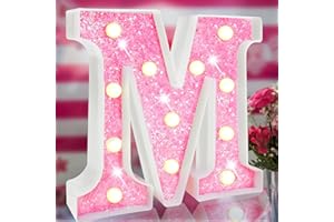 ELNSIVO Pink Light Up Letters, Glitter Alphabet Letter Sign Pink LED Marquee Letter Lights Battery Powered for Night Light Girls Bedroom Birthday Party Wedding Home Christmas Decorations Gift for Her-Pink M