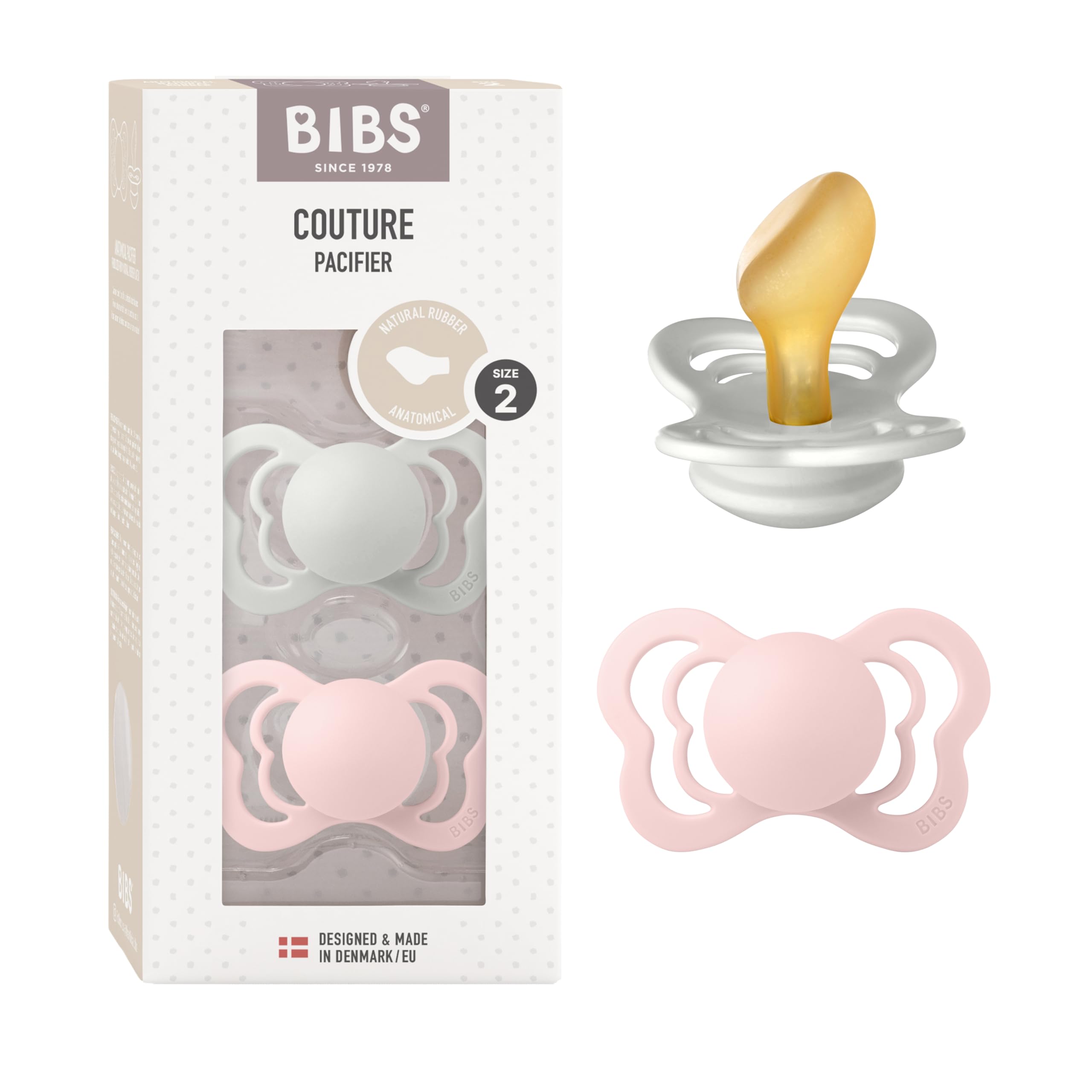 BIBS Couture Soother 2-Pack, BPA Free Dummy Pacifier, Anatomical Nipple. Natural Rubber Latex, Size 2 (6-18 Months), Haze/Blossom