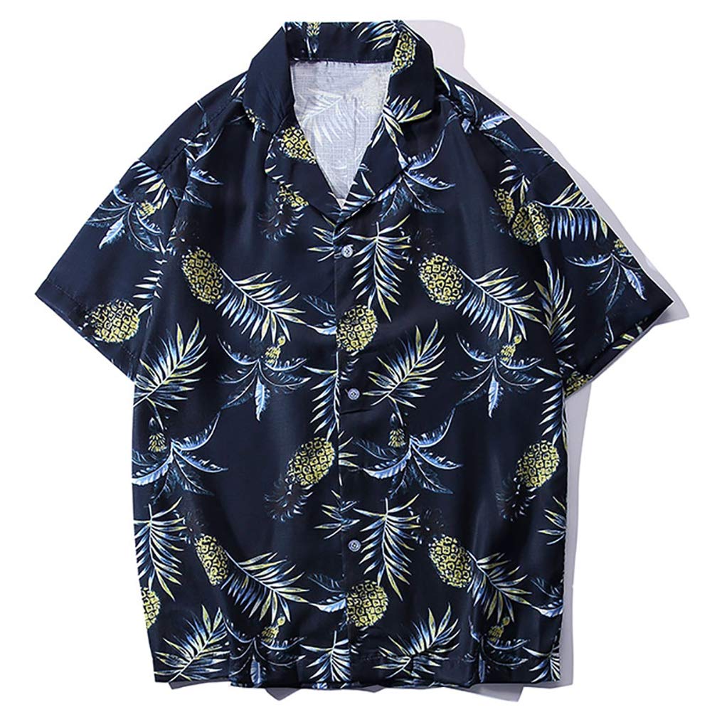 アロハシャツ メンズ 半袖 ハワイ風 プリントシャツ 通気速乾 軽量 花柄シャツ 夏 ビーチ ウェディング ウエア パイナップル ネイビー S
