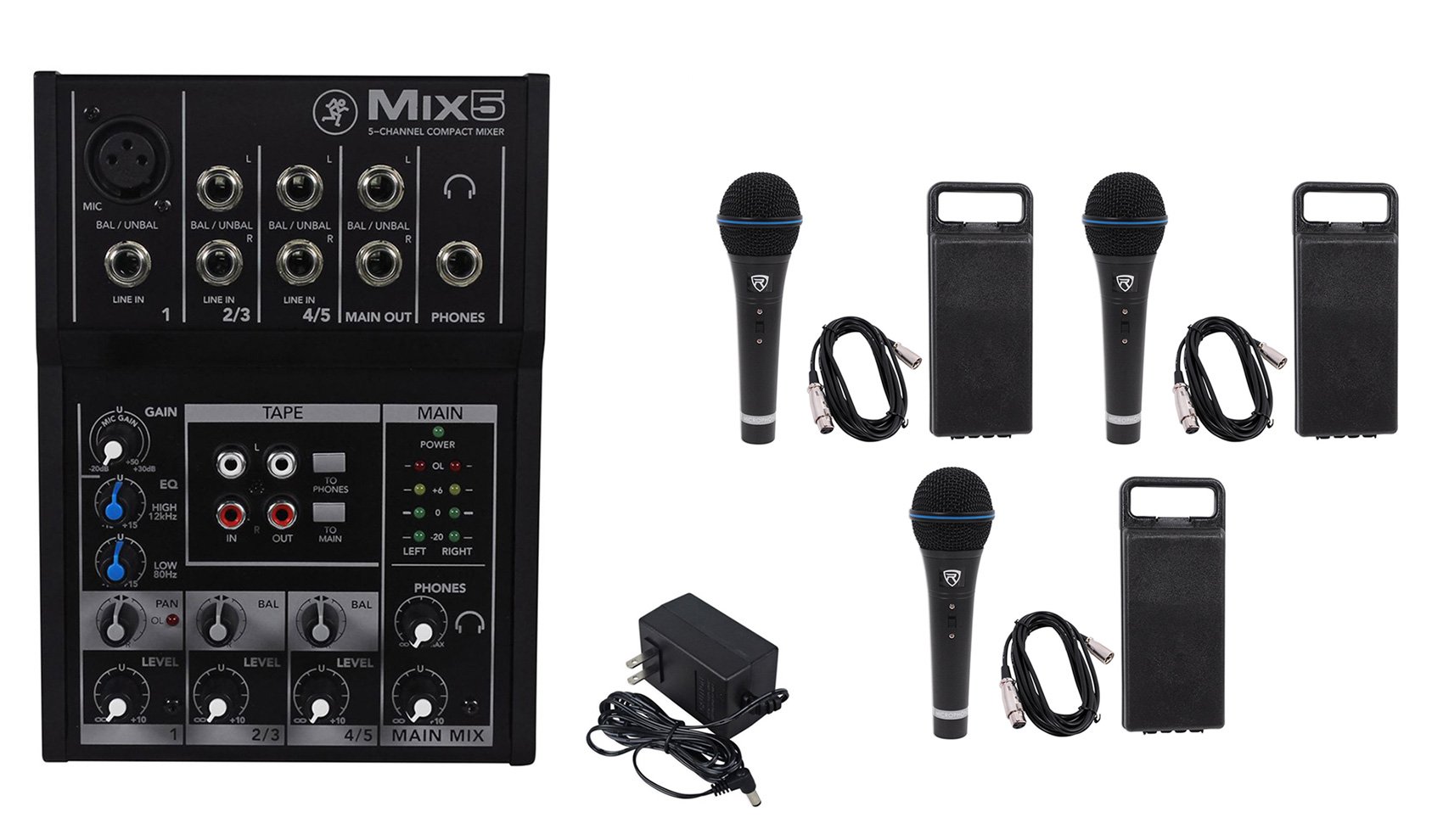 Mackie Mix5 Compact 5Channel PA Mixer+(3) Microphones+(3) XLR Cables