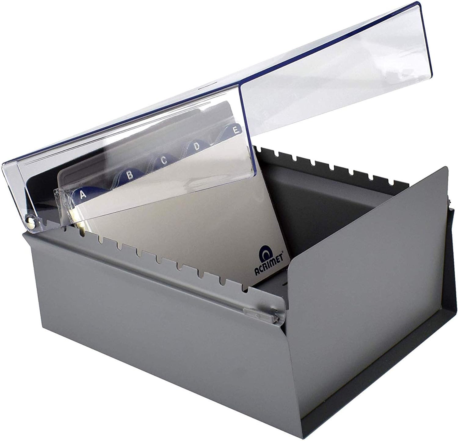 Acrimet 5'' X 8'' Card File Holder Organizer Box Metal Base Heavy Duty (AZ Index Cards 205mm Width x 138mm Height and Divider Included) (Gray Color with Clear Crystal Plastic Lid Cover) - Image 5