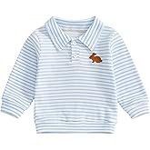Toddler Baby Boy Easter Outfit Cute Bunny Embroidery Waffle Striped Long Sleeve Polo Shirt Button Up Pullover Top