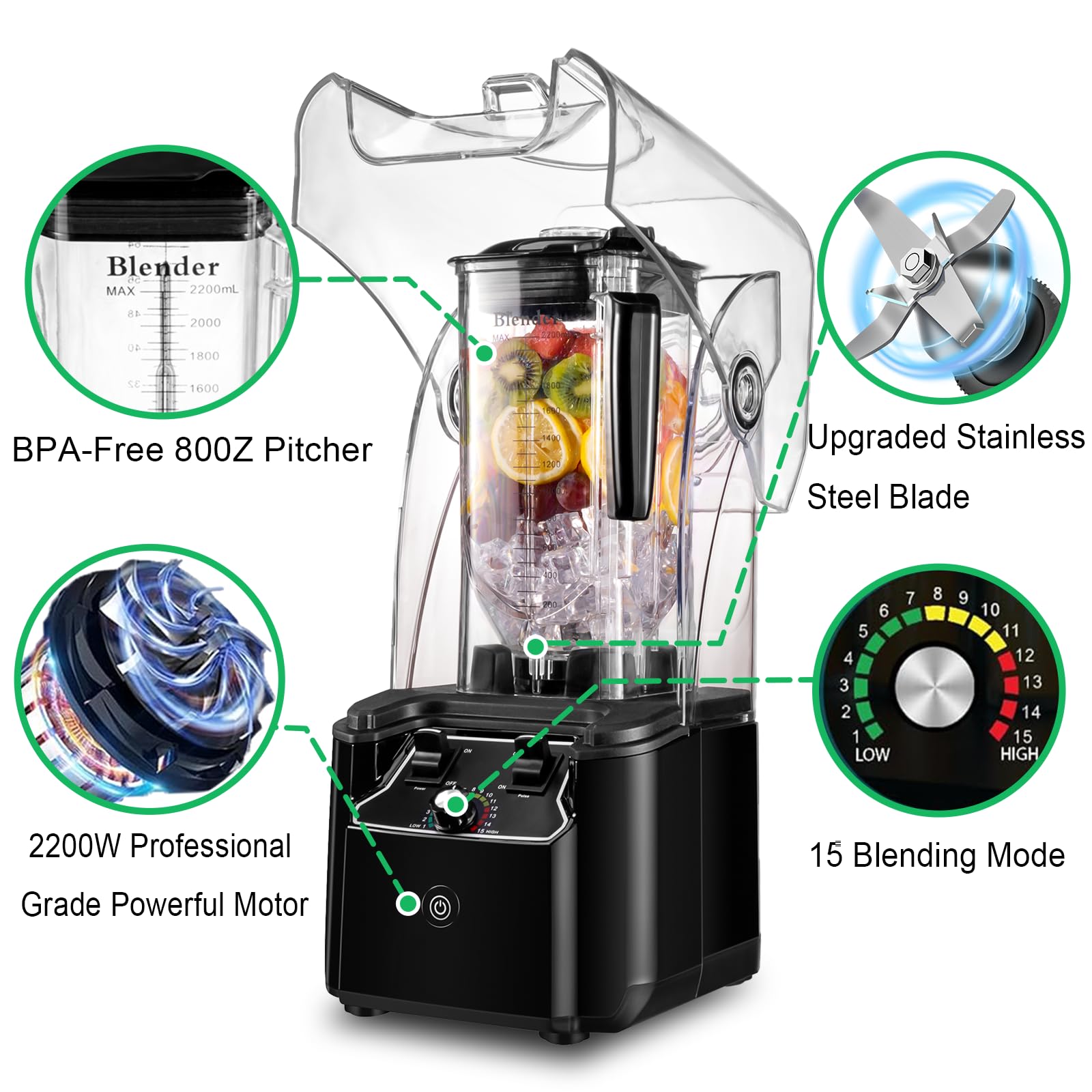 Licuadora comercial para batidos con escudo silencioso, motor de 2,5 HP, hoja de acero inoxidable, jarra de 80 oz para batidos, batidos, trituración de hielo, bebidas congeladas, 15 velocidades, autolimpieza, negra