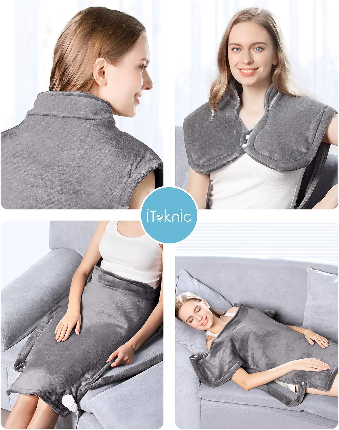 iTeknic Heating Pad for Back Pain Relief, [35"x27"] Extra Large Heating Pad for Neck and Shoulders with Auto Shut Off, 6 Temperature Settings, Fast Heating - Electric Heat Pad for Cramps Gray: Health & Personal Care