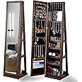 Jewelry Armoire 65" H, Full Length Mirror with Storage 360° Swivel, Lockable Standing Jewelry Cabinet Organizer with Storage Shelves Interior Mirror, Gift Idea,Back Storage Shelves (Antique Gray)