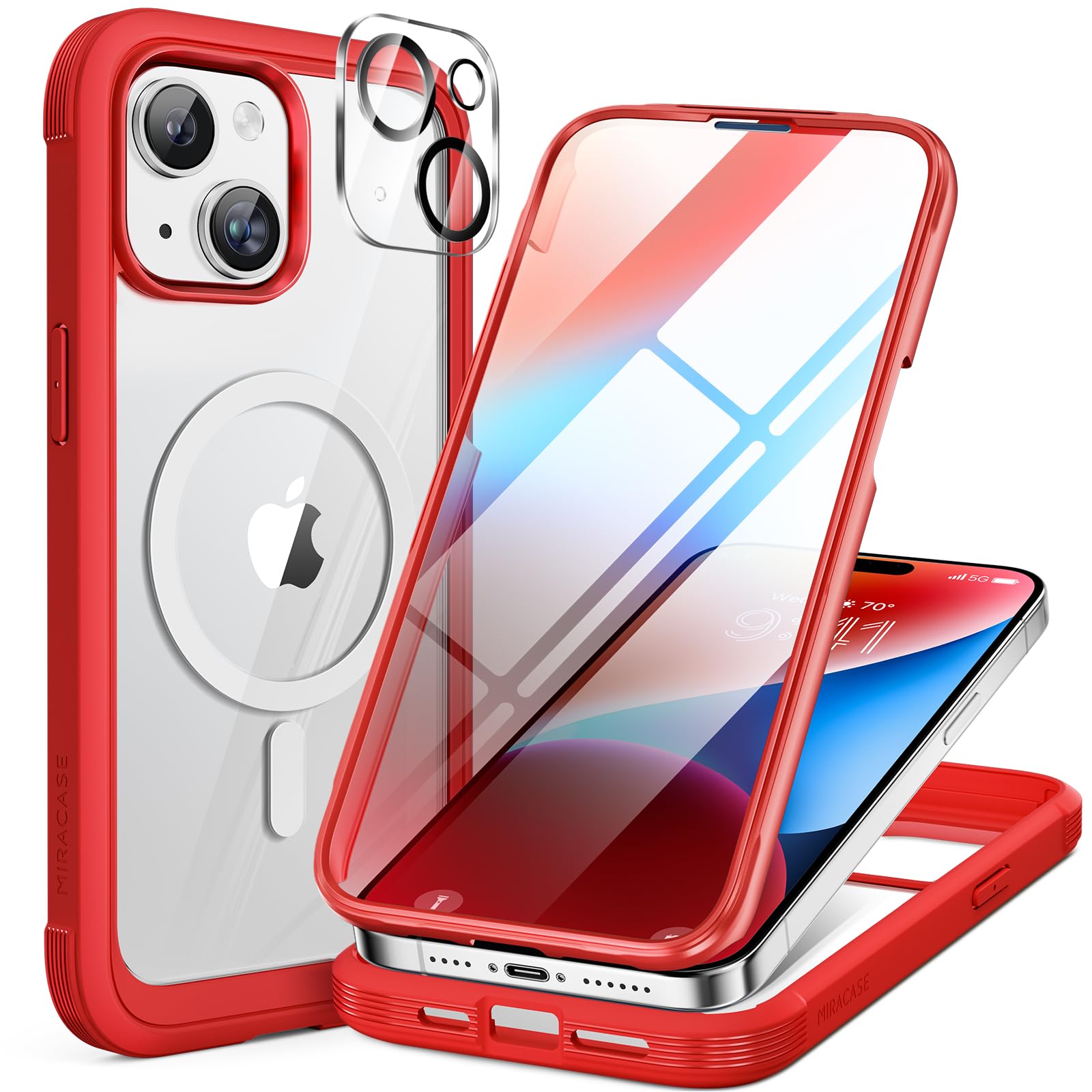 Miracase Magnetic Case for iPhone 15 Case 6.1-Inch, Full Body Bumper Clear Back Cover Compatible with MagSafe and Built-in 9H Tempered Glass Screen Protector + Camera Lens Protector (Red) — image 1