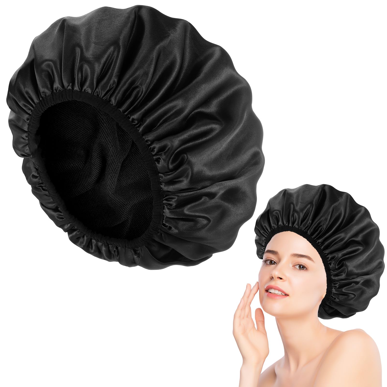 Fentar Shower Cap, Waterproof Triple Layer Shower Cap for Women with Microfiber Liner, Practical Bathing Accessories, Soft Hair Wrap, Reusable Large Shower-Caps for Long Hair (Black)
