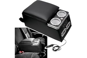 RYANSTAR RACING Black Universal Truck Seat/Bench Organizer with LED Light, USB Port, Cup Holders, Armrest, and Padded Top Lid