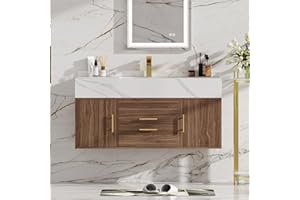 homary 39.4" Bathroom Vanity with Sink-Modern Bathroom Floating Vanity with Sintered Stone Countertop and 2 Drawers 2 Storage Cabinets, Undercounter Ceramic Sink, Walnut