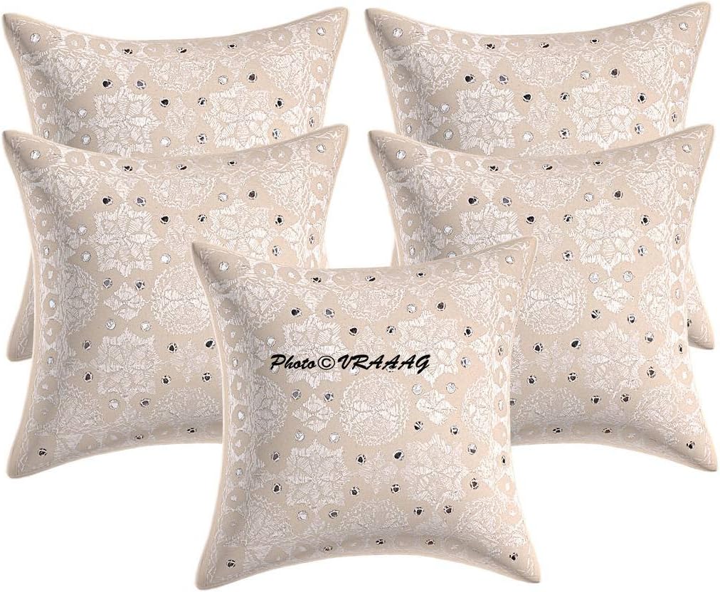 VRAAAG 16x16 Set of 5 (Set of 3, 2 and Single Piece Also Available) Off White Cotton Embroidered Mirror Work Indian Rajasthani Traditional Cushion Cover for Home and Gifts