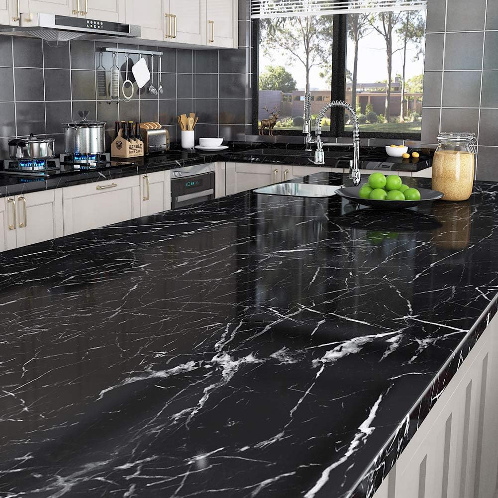 Livelynine 5M X 60 CM Wide Black Marble Wallpaper Sticky Back Plastic Kitchen Worktop Covering Contact Paper Marble Effect Self Adhesive Vinyl Wrap for Kitchen Counter Top Furniture Table Sticker - Image 3