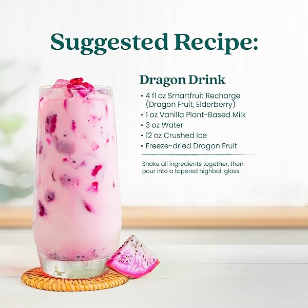 SMARTFRUIT RECHARGE REFRESHER – DRAGON FRUIT, ELDERBERRY – MADE WITH REAL FRUIT JUICE, NO ADDED SUGAR, COCONUT WATER FOR HYDRATION, GREEN COFFEE BEAN EXTRACT FOR NATURAL ENERGY – 48OZ DRINK MIX