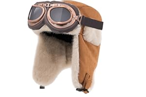 KAZZHA Vintage Aviator Hat with Goggles for Adult Pilot Cap Costume Fur Trapper Hat with Ear Flaps Winter Cold Weather
