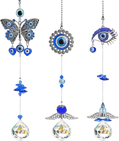 HDCRYSTALGIFTS 3PCS Evil Eye Suncatchers with Crystal Prisms
