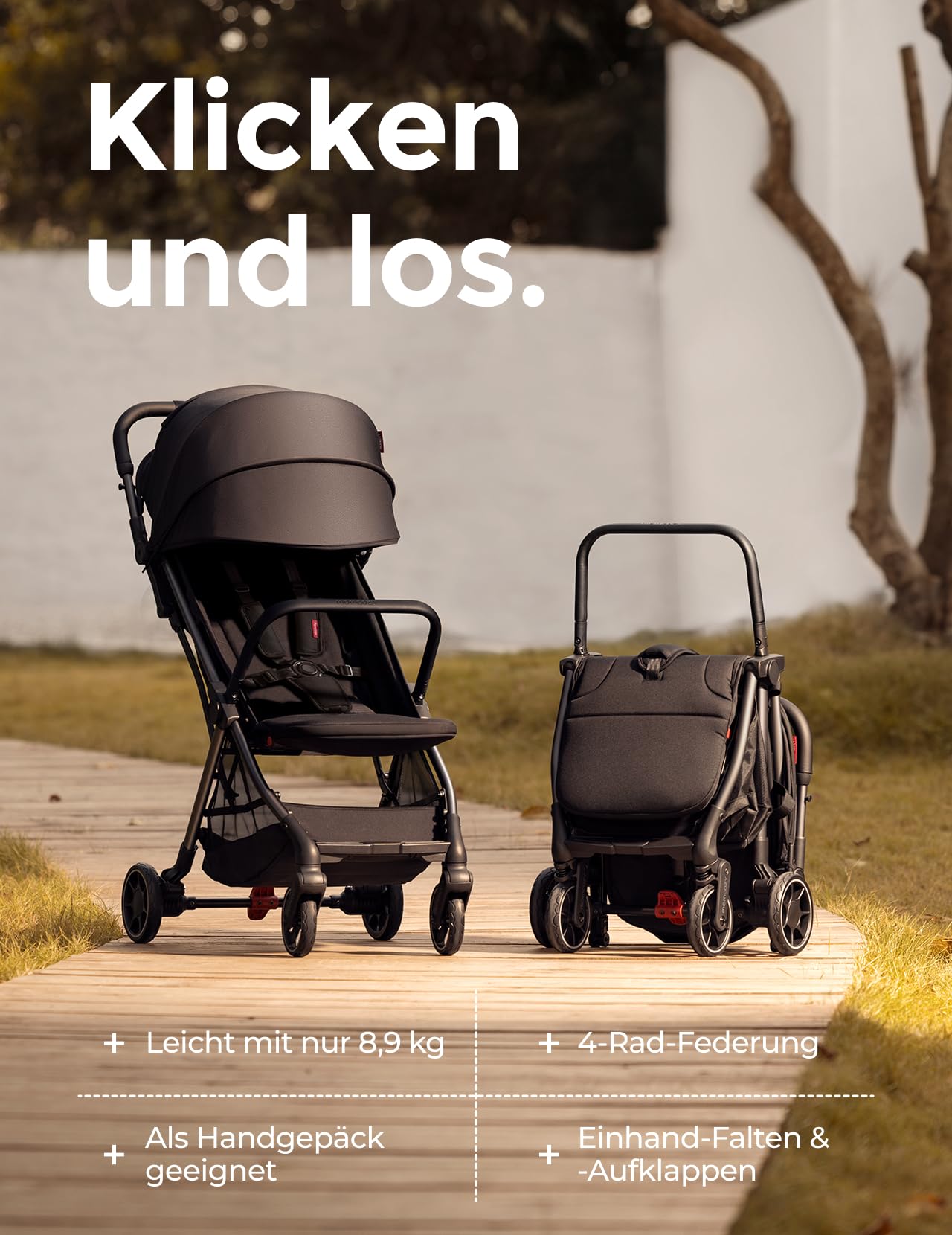 Momcozy ClickGo Buggy klein zusammenklappbar als Flugzeug-Handgepäck, Einhand-Klappmechanismus, mit Liegefunktion, UV-Schutz 50+, XL-Korb bis 3 kg, Geeignet von 0–4 Jahren bis 22 kg, Schwarz 2