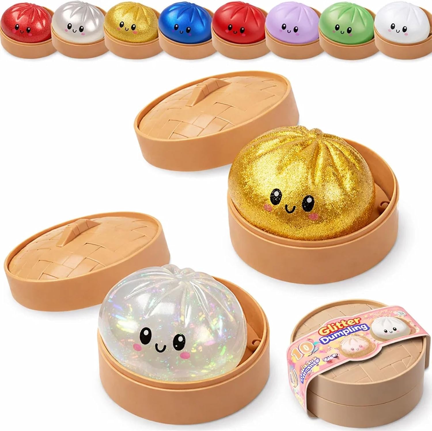 Dumpling Squishy, Squishy Dumpling Toy, Glitter Dumplings Squishiest Toy with Steamer Box, Stress & Anxiety Relief Toys for Kids & Adults Non-Edible (2Pcs-C)