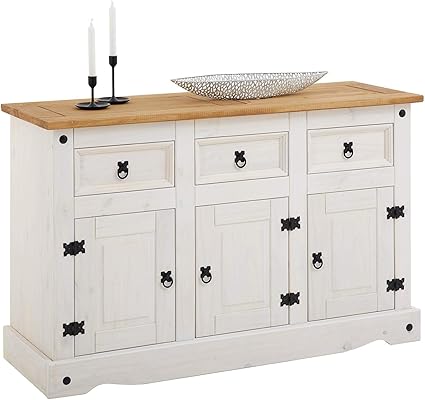 Idimex Buffet Campo Commode Bahut Vaisselier En Pin Massif Blanc Et Brun Avec 3 Tiroirs Et 3 Portes Meuble De Rangement Style Mexicain En Bois Dim 132 X 84 X 44 Cm