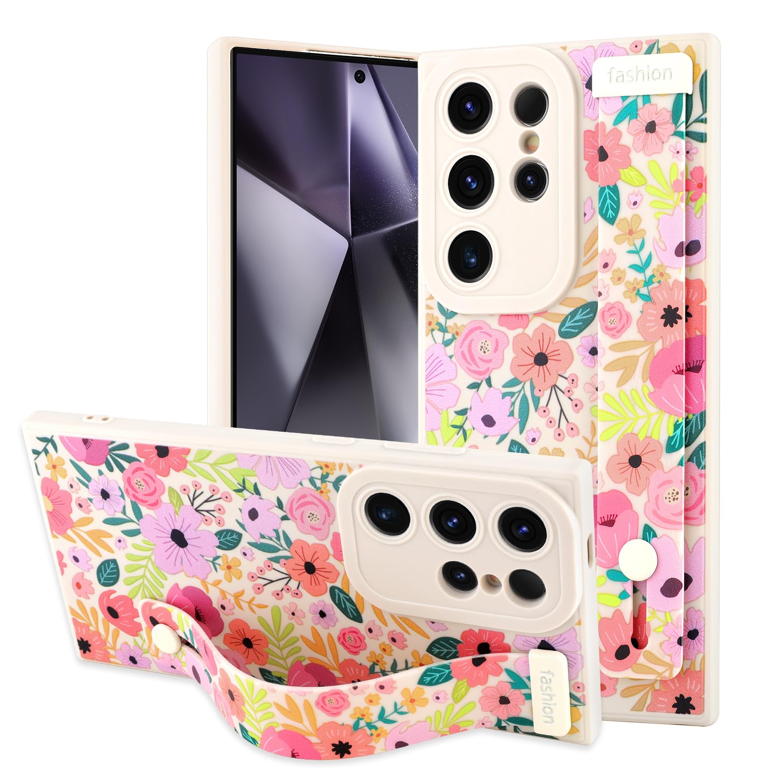 Photo 1 of OOK Floral for Samsung Galaxy S24 Ultra Silicone Case with Strap for Women Gilrs, Cute Flower Pattern, Slim Soft Wristband Kickstand Shockproof Protection White Blossom Phone Cover