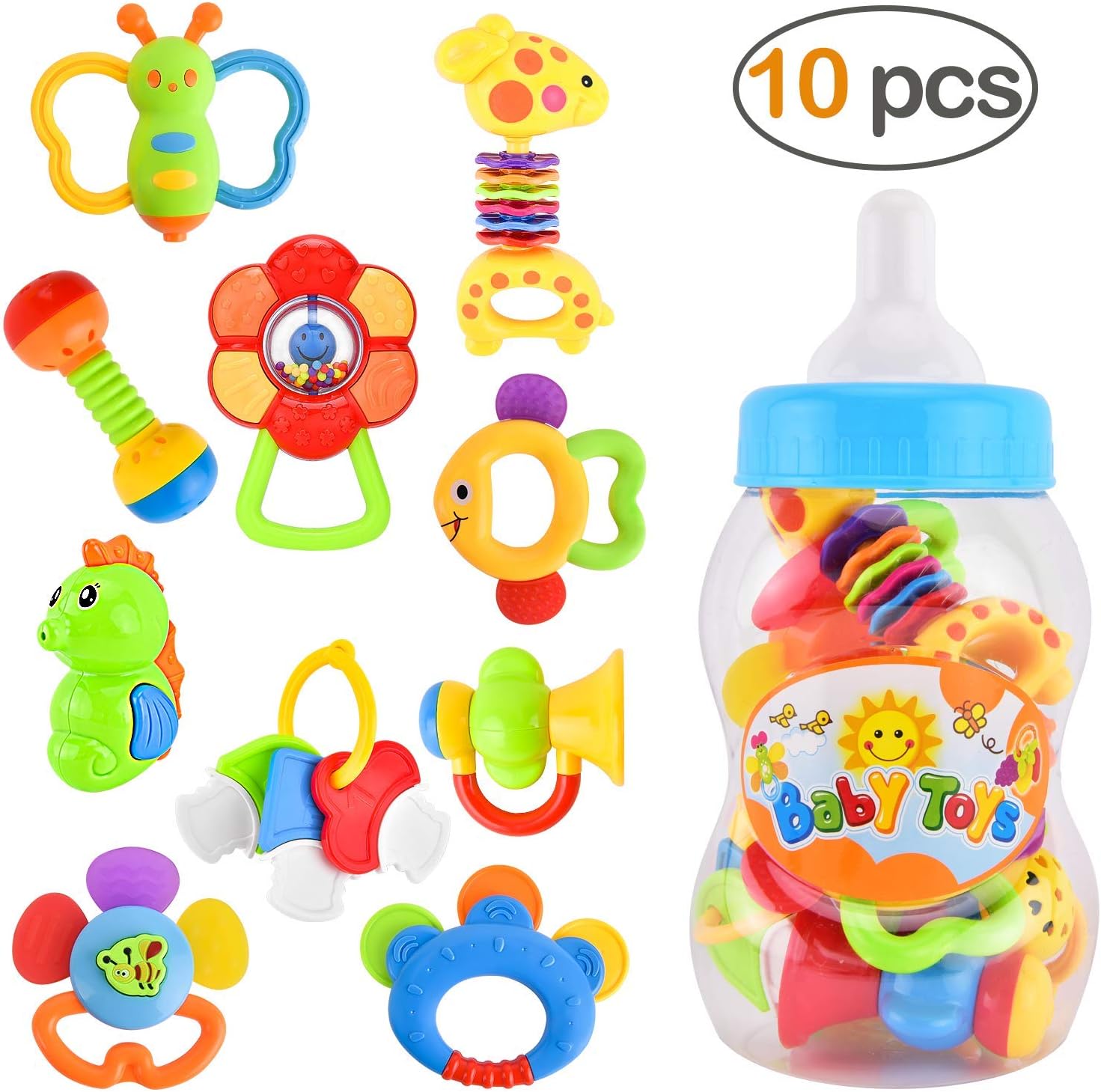 GotechoD Baby Rattles Teether Rattle Set,Shaker Grab Rattle Baby Infant Newborn Toys Early Educational Toys for 3 6 9 12 Month Boys Girls Baby Gifts