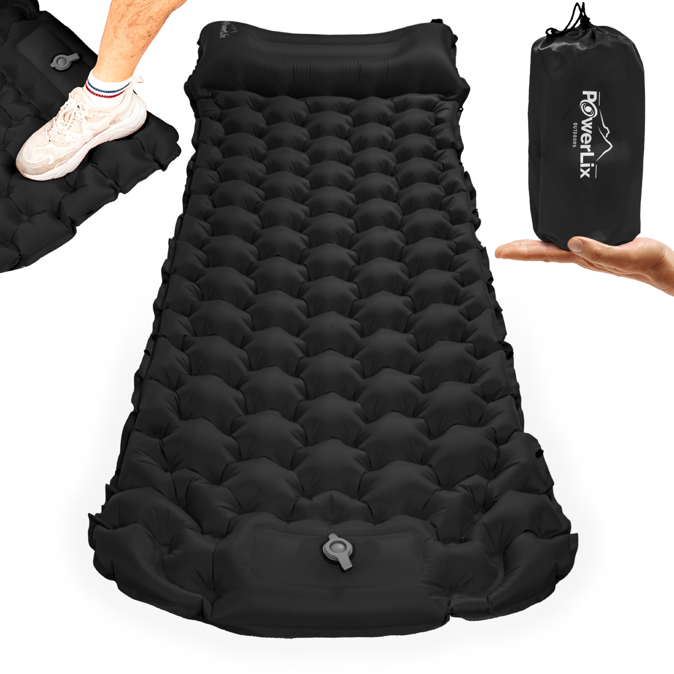 Photo 1 of POWERLIX Sleeping Pad for Camping with Built in Pillow, Foot Pump Inflatable Camping Mat Bed, Lightweight Outdoor Camping Air Mattress Pad for Backpacking Hiking Travelling Black