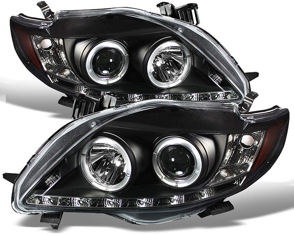 Black LED Halo Projector Headlights For 2009-2010 Toyota Corolla - Left & Right Set With Halogen Bulbs Included