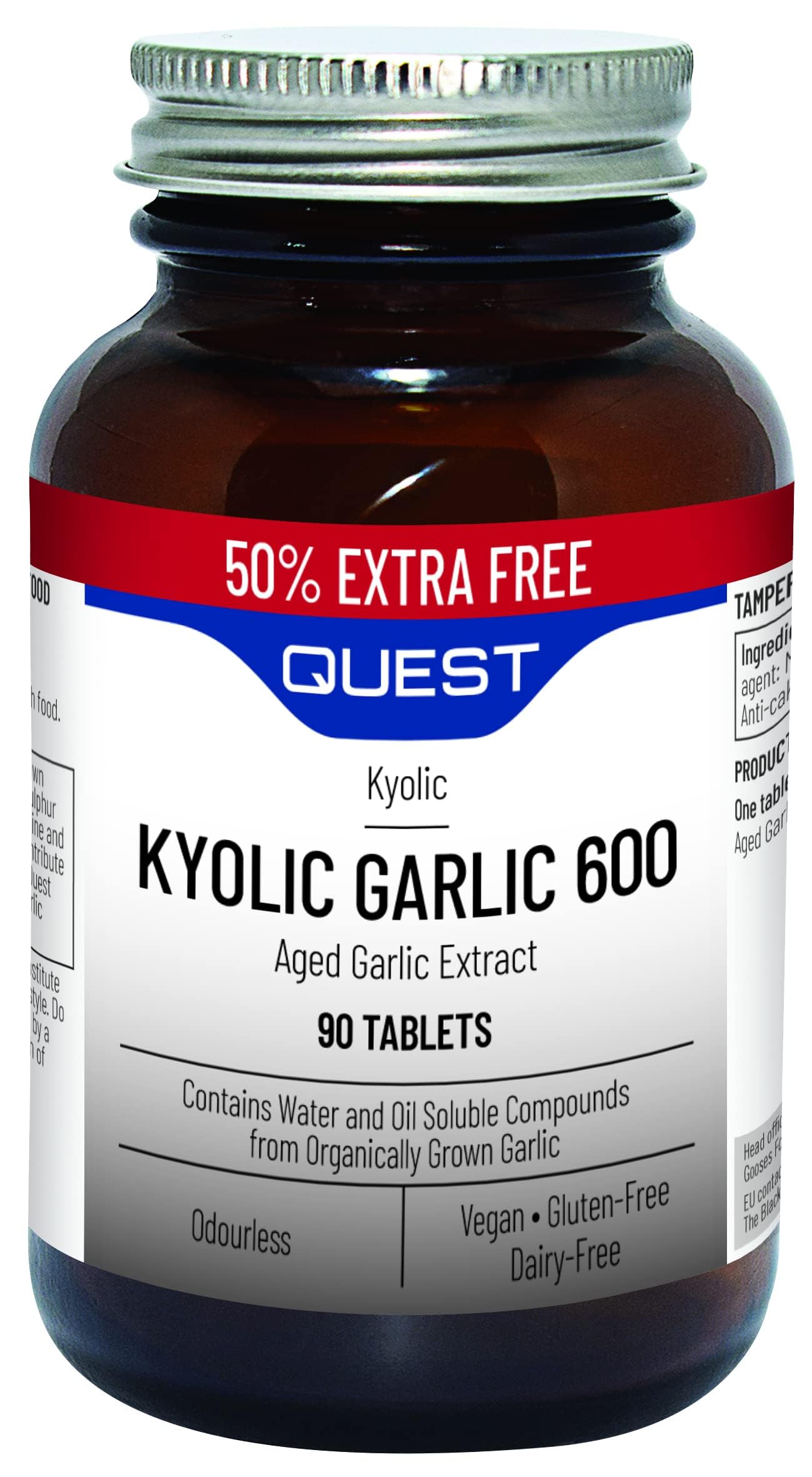 Quest - 90x Kyolic Garlic Tablets. High Strength 600mg Odourless Aged Garlic Extract for Heart, Immune, Digestive & Cognitive Health. Daily Dietary Supplement. Vegan & Gluten-Free (Pack of 1)