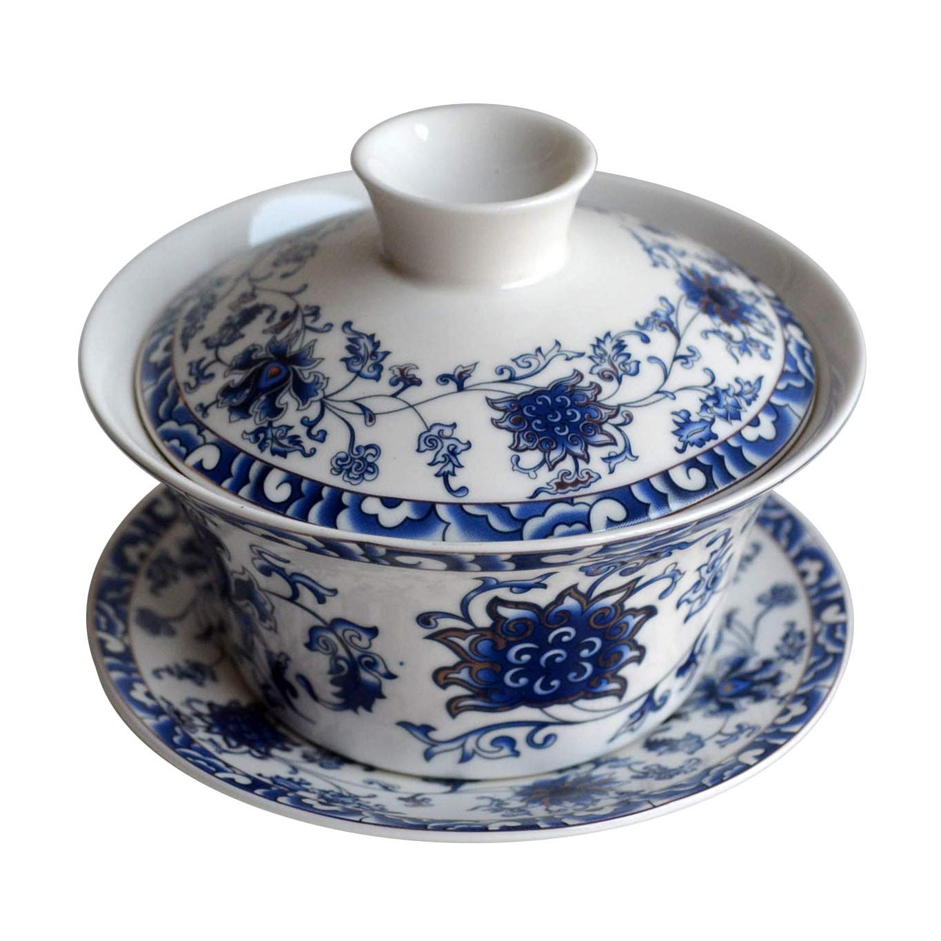 YXHUPOT Gaiwan Blue White Porcelain Teacup Sancai Tea Cup Saucer Cover Set Lotus (200ml Lotus)