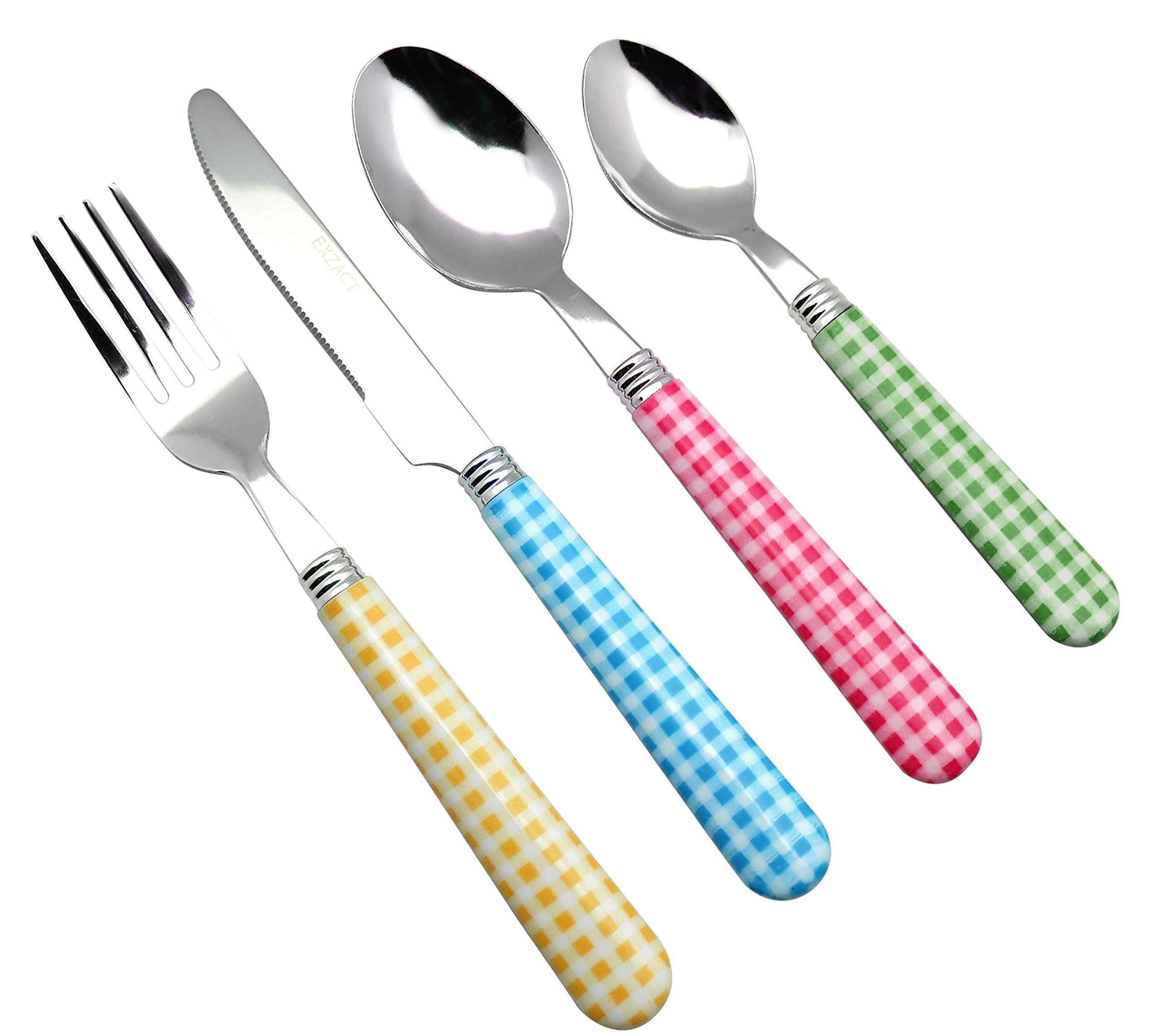 EXZACT Cutlery Set 24pcs Stainless Steel with Gingham Check Coloured Handles - 6 x Forks, 6 x Dinner Knives, 6 x Table Spoons, 6 x Tea Spoons (Mixed Color x 24 pcs)