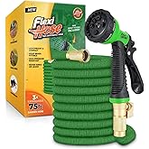 Flexi Hose with 8 Function Nozzle, 50FT - Lightweight Expandable Garden Hose, No-Kink Flexibility, 3/4 Inch Solid Brass Fittings and Double Latex Core - Green