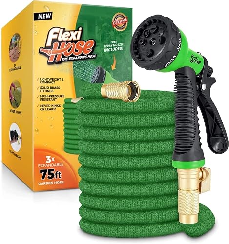 Flexi Hose with 8 Function Nozzle, 50FT - Lightweight Expandable Garden Hose, No-Kink Flexibility, 3/4 Inch Solid Brass Fittings and Double Latex Core - Green
