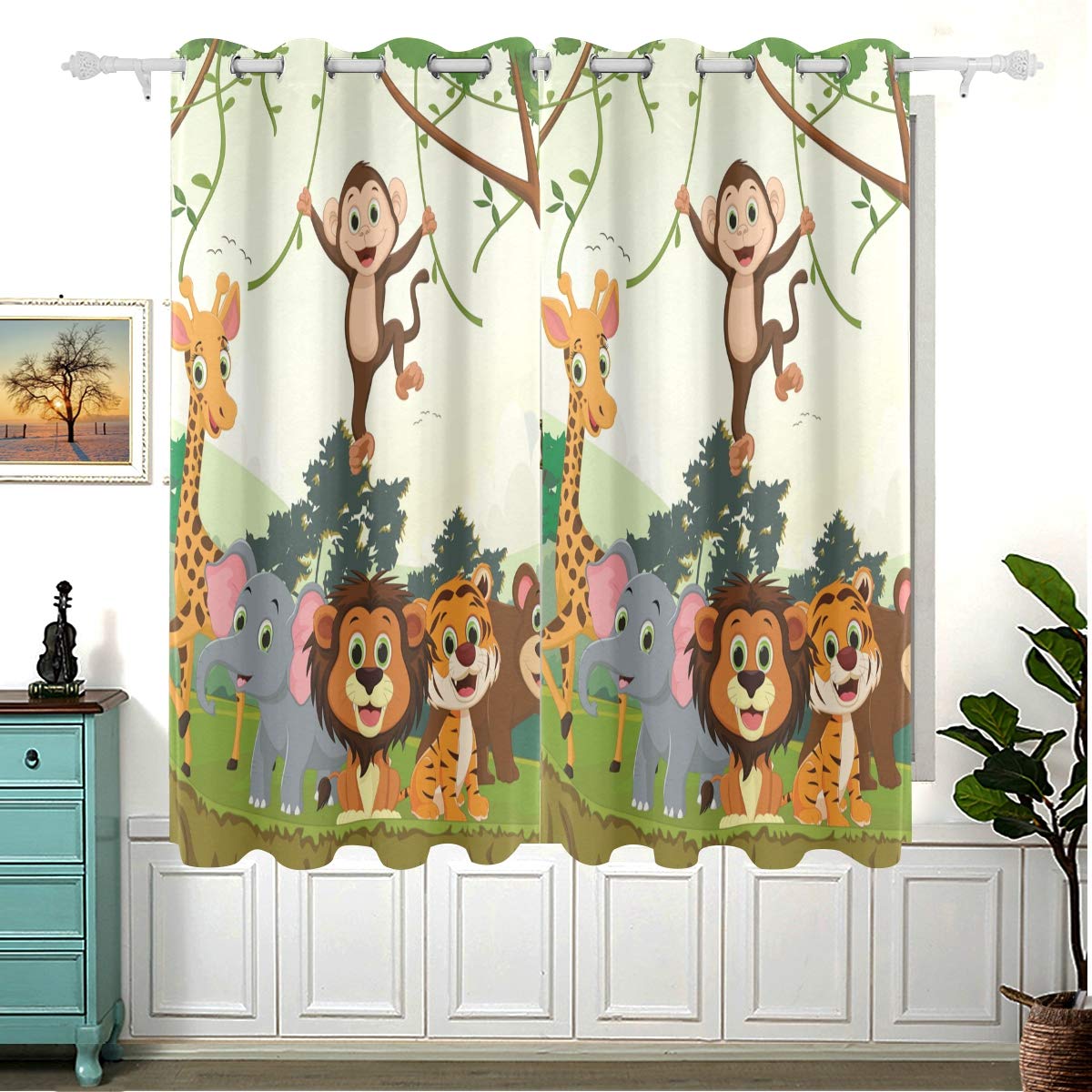 Animal Jungle Monkey Tiger Giraffe Lion Elephant Curtains for Children Bedroom,Eyelet Blackout Curtains for Nursery/Short Window for Home Decor,54£¨H£©x 55(W) in,2 Panels