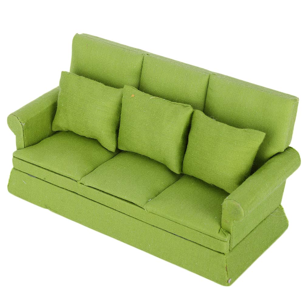 KENANLAN Mini DIY Dollhouse Sofa 1:12 Doll House Mini Sofa with 3pcs Pillow Living Room Furniture Wooden Doll House Decoration Accessories (Green)