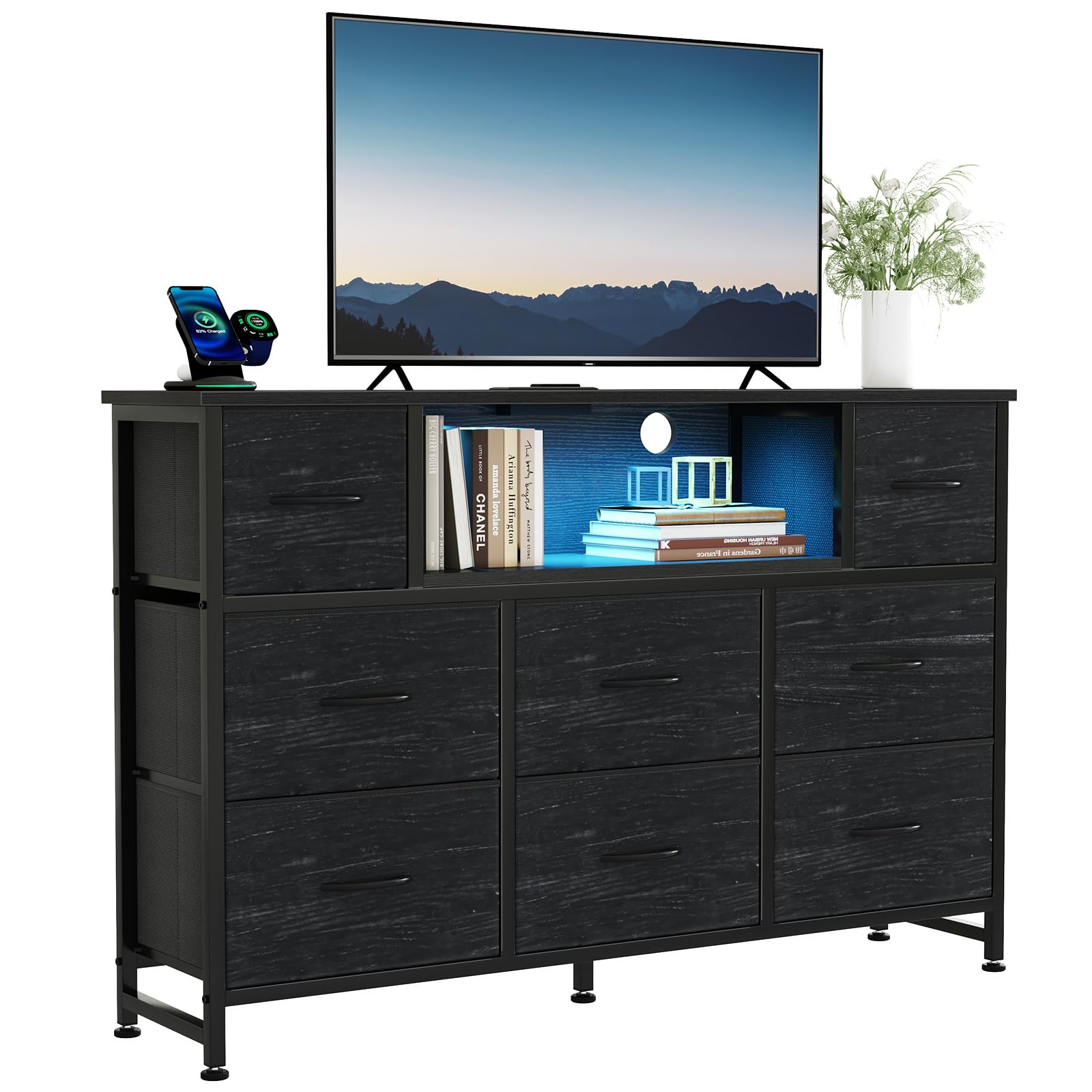 DUMOS TV Stand Dresser with 8 Fabric Drawers and Open Shelves, LED Entertainment Center with Charging Station, Wood Top Media Console for 45-55 inch, Bedroom, Woodgrain Black Image