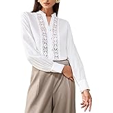 HERYEA Women's Hollow Lace V-Neck Button Blouse - Long Sleeve Linen Business Casual Top