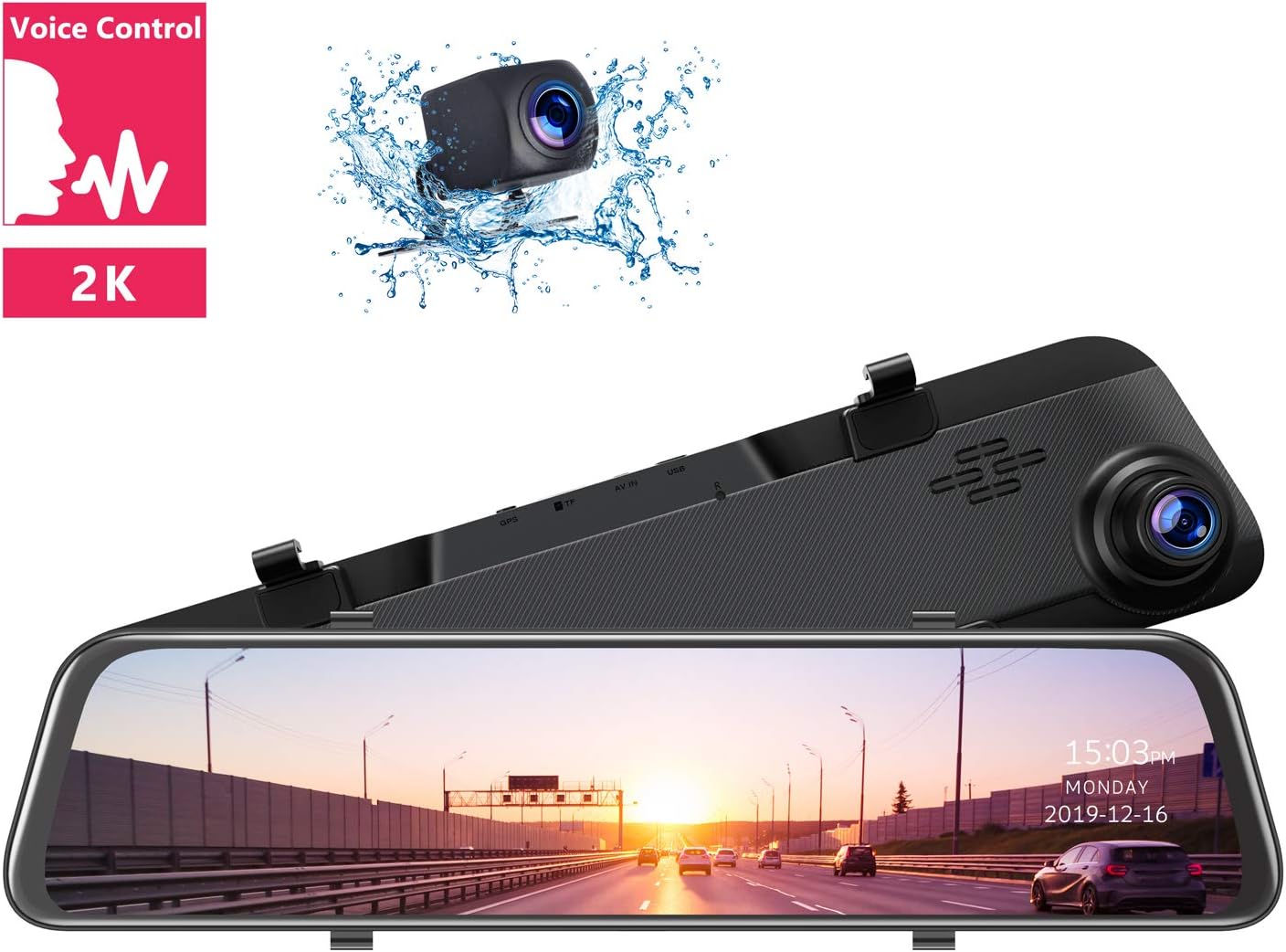 TOGUARD 2K Mirror Dash Cam Voice Control 12" 1080P Backup Camera Touch Screen Front and Rear Dual Dash Camera for Cars Rear View Mirror Camera with Waterproof Rear Camera
