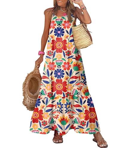 ecowish boho dress Women's Sleeveless Maxi – Spaghetti Strap Beach Dress, Asymmetric Tiered Flowy Sundress retro apparel