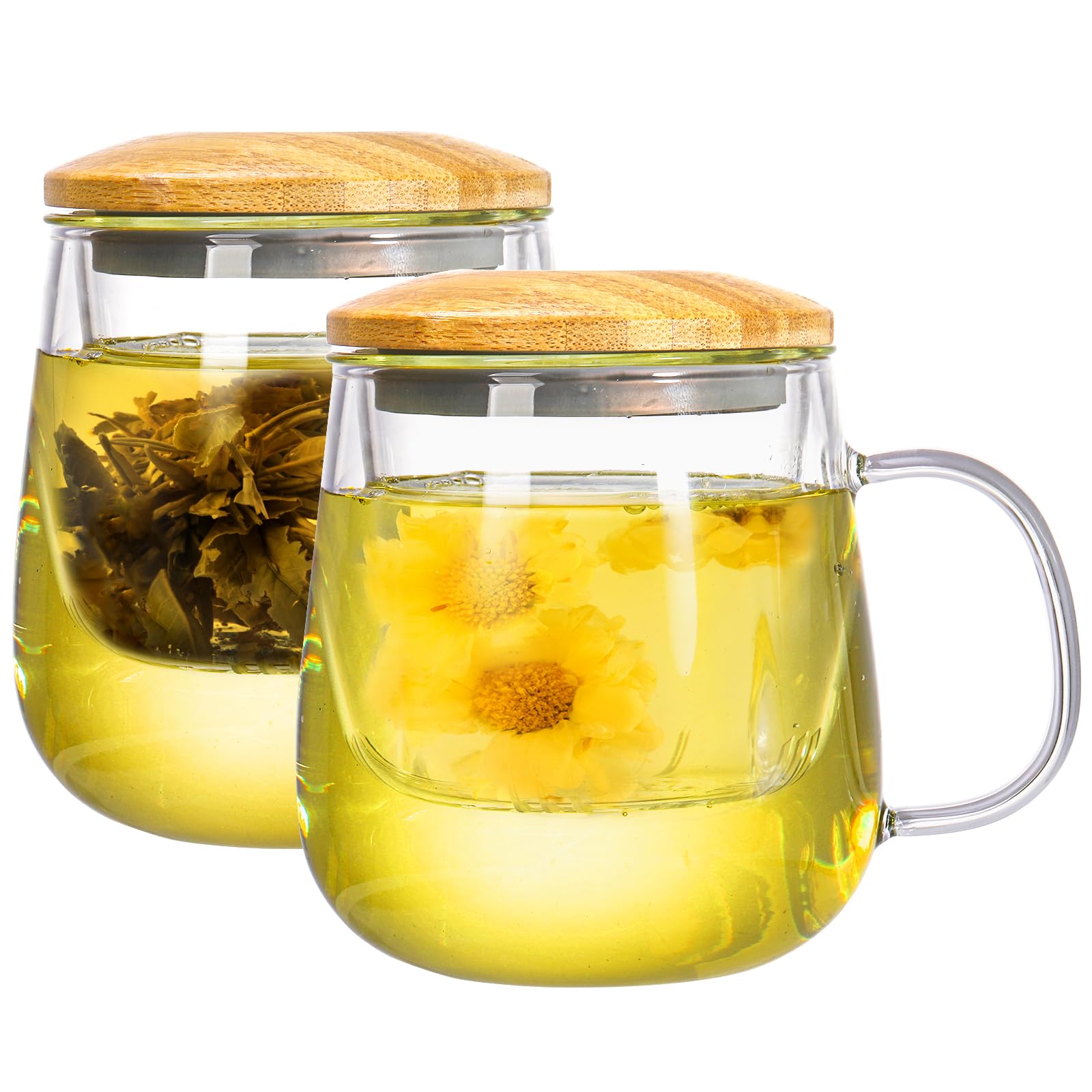 Photo 1 of Tosnail 2 Pack 18 Ounce Large Glass Tea Cup with Bamboo Lid and Tea Infuser Set, Tea Mugs with Strainer, Clear Teacups with Tea Filter, Glass Cups for Blooming Tea, Loose Tea Brewing