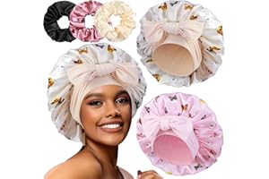 2+3 Large Satin Bonnets with Scrunchies for Women, Hair Bonnet Sleeping Tie Bonnet for Braids Curly Hair, H