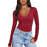 PINKMSTYLE Women Sexy V Neck Lace Long Sleeve Shirts Basic Fitted Double Lined Going Out Y2K Trendy Fall Tops