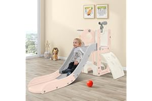 Virubi 5 in 1 Toddler Slide Playset, Climbing Toys Indoor Outdoor for Toddlers 1-3, Kid Slide with Basketball Hoop & Telescope, Freestanding Playground with Climber, Baby Jungle Gym